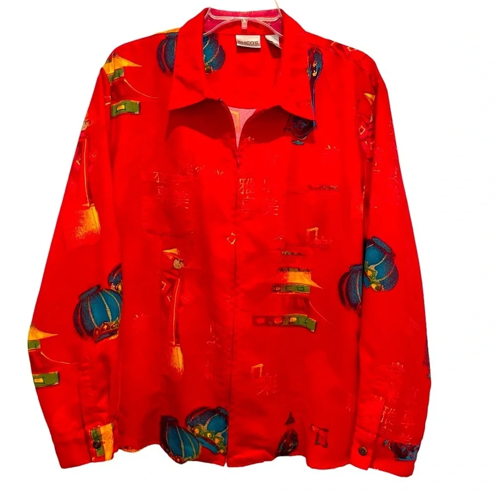 Chicos Red Asian Patterned Shirt/Jacket, Size 3 - Picture 1 of 6